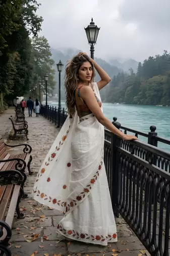 white color silver cotton blend designer printed stylish girlie saree