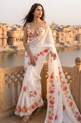 white color silver cotton blend designer printed stylish girlie saree