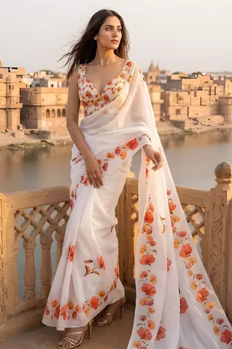 white color silver cotton blend designer printed stylish girlie saree