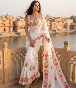 white color silver cotton blend designer printed stylish girlie saree