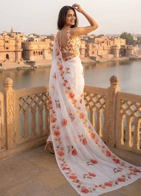 white color silver cotton blend designer printed stylish girlie saree 2