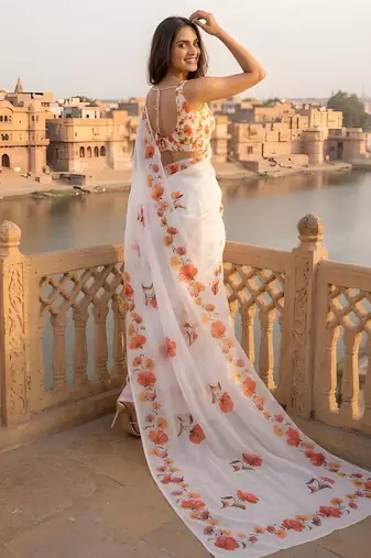white color silver cotton blend designer printed stylish girlie saree