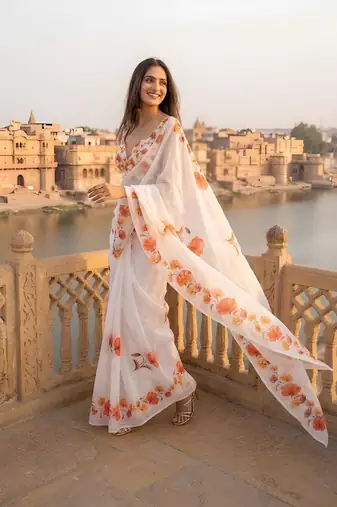 white color silver cotton blend designer printed stylish girlie saree