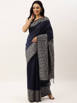 Navy Blue & Beige Bhagalpuri Saree 1