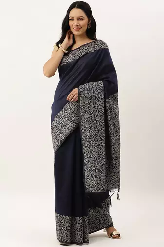 Navy Blue & Beige Bhagalpuri Saree