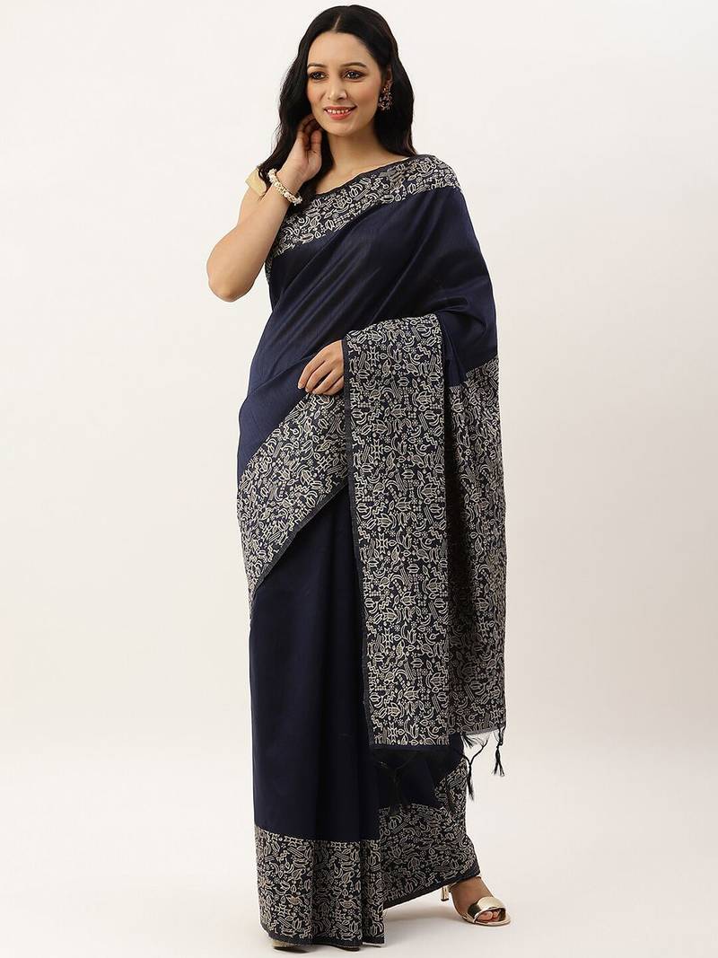 Navy Blue & Beige Bhagalpuri Saree