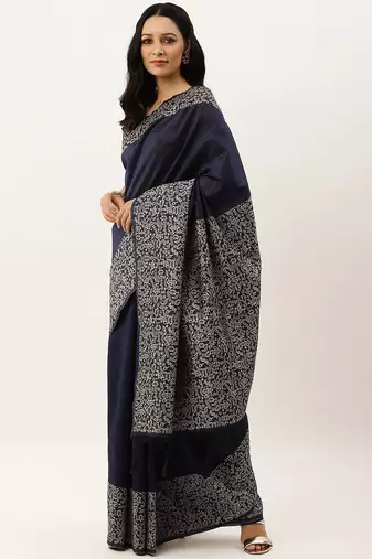 Navy Blue & Beige Bhagalpuri Saree