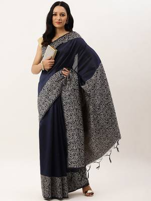 Navy Blue & Beige Bhagalpuri Saree 4