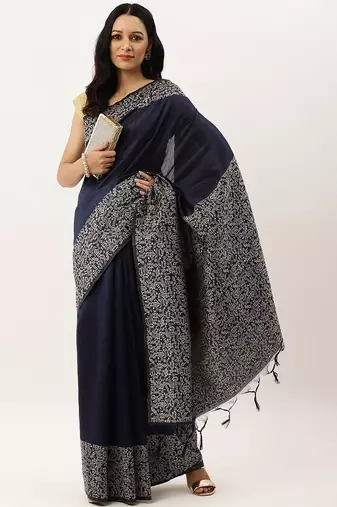 Navy Blue & Beige Bhagalpuri Saree