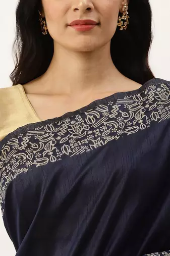 Navy Blue & Beige Bhagalpuri Saree