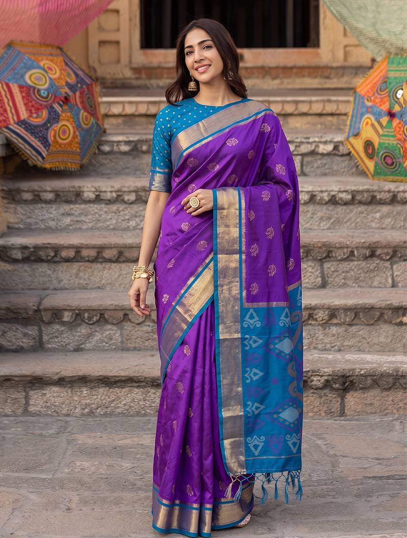 purple color soft silk blend woven jari jacquard designer ethnic partywear saree
