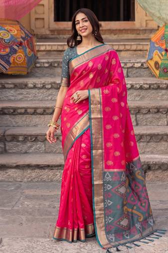 pink color soft silk blend woven jari jacquard designer ethnic partywear saree