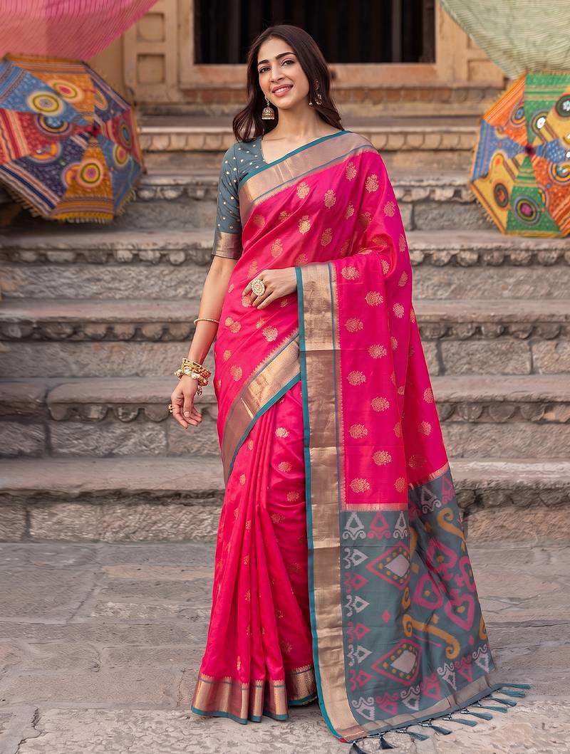 pink color soft silk blend woven jari jacquard designer ethnic partywear saree