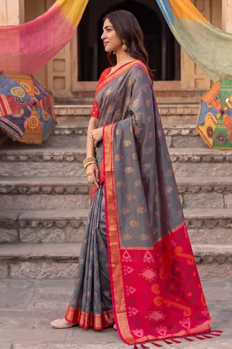 grey color soft silk blend woven jari jacquard designer ethnic partywear saree