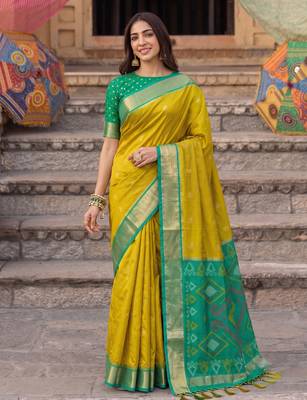 mustard color soft silk blend woven jari jacquard designer ethnic partywear saree 1