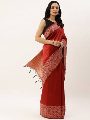 Red & Off White Ethnic Motifs Bhagalpuri Saree 2