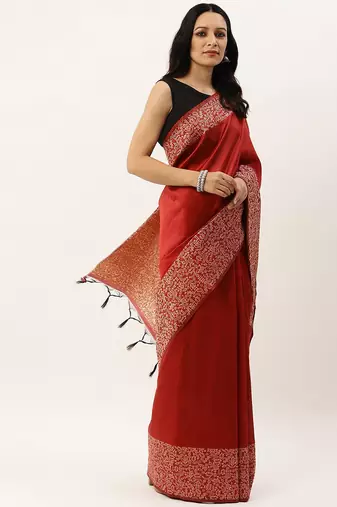 Red & Off White Ethnic Motifs Bhagalpuri Saree