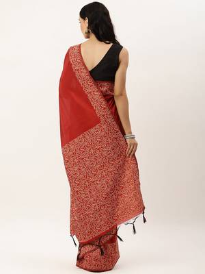 Red & Off White Ethnic Motifs Bhagalpuri Saree 3