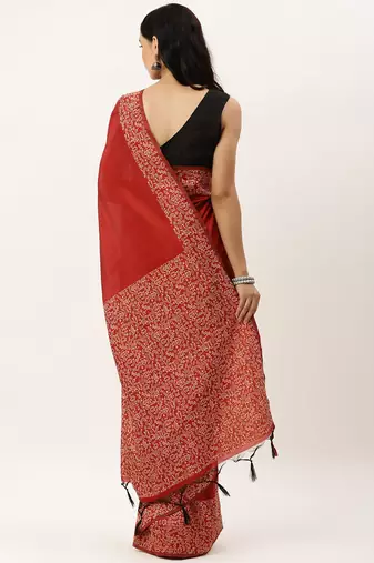 Red & Off White Ethnic Motifs Bhagalpuri Saree