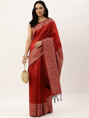 Red & Off White Ethnic Motifs Bhagalpuri Saree 4