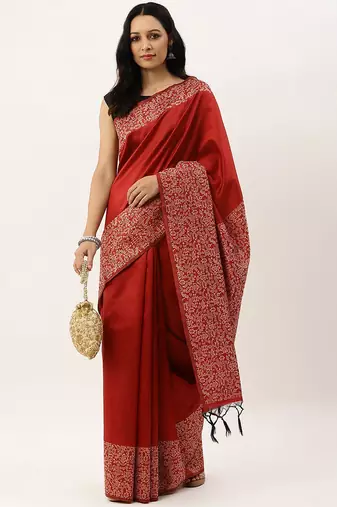 Red & Off White Ethnic Motifs Bhagalpuri Saree