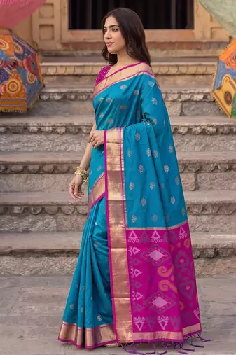 blue color soft silk blend woven jari jacquard designer ethnic partywear saree