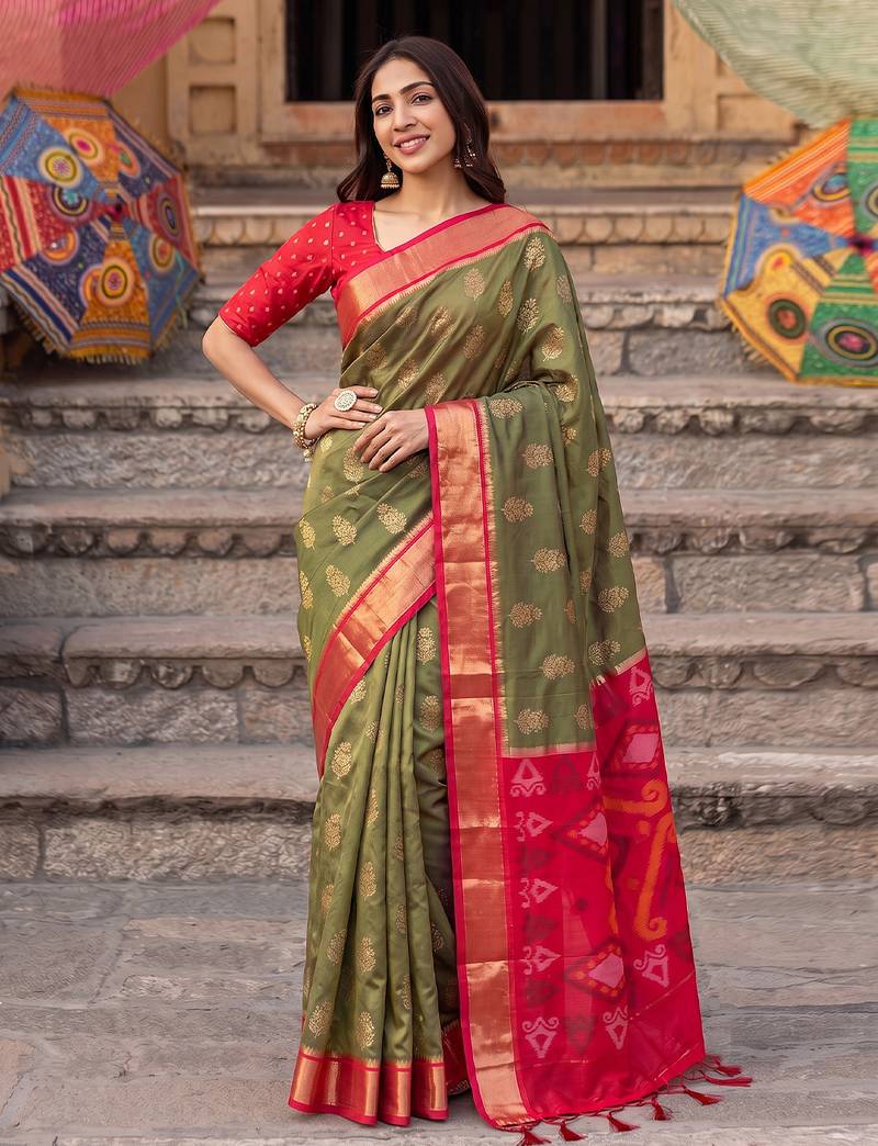 mahendi color soft silk blend woven jari jacquard designer ethnic partywear saree