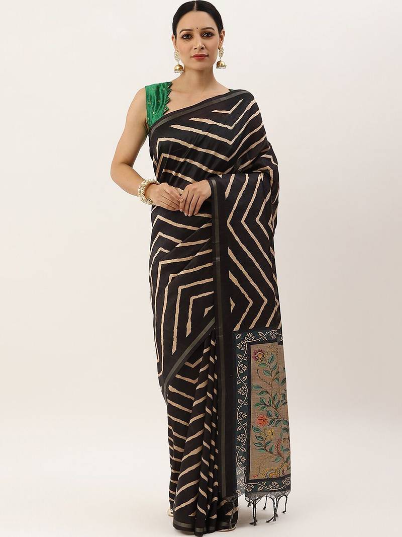 Black & Gold-Toned Jute Silk Tussar Saree