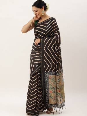 Black & Gold-Toned Jute Silk Tussar Saree 2
