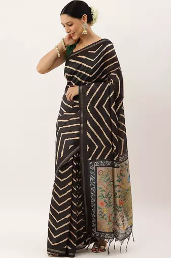 Black & Gold-Toned Jute Silk Tussar Saree