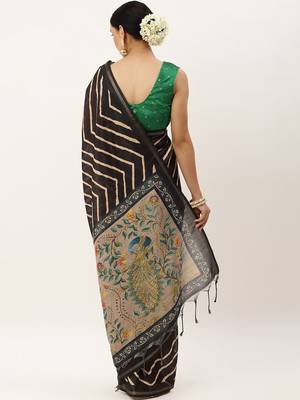 Black & Gold-Toned Jute Silk Tussar Saree 3