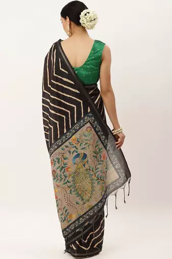 Black & Gold-Toned Jute Silk Tussar Saree