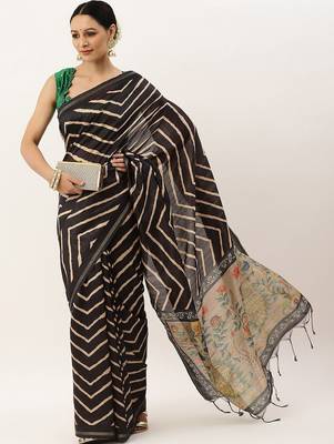 Black & Gold-Toned Jute Silk Tussar Saree 4