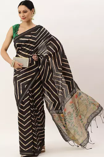 Black & Gold-Toned Jute Silk Tussar Saree