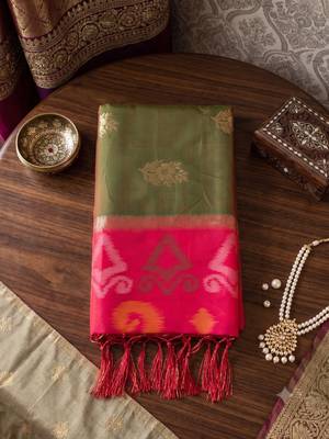 mahendi color soft silk blend woven jari jacquard designer ethnic partywear saree 4