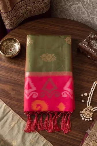 mahendi color soft silk blend woven jari jacquard designer ethnic partywear saree
