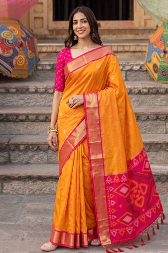 orange color soft silk blend woven jari jacquard designer ethnic partywear saree