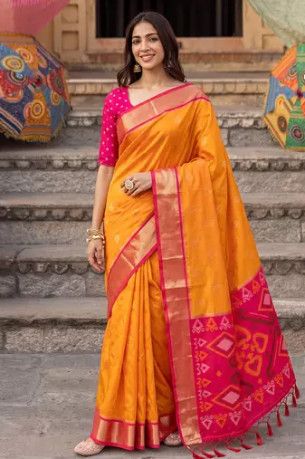 orange color soft silk blend woven jari jacquard designer ethnic partywear saree