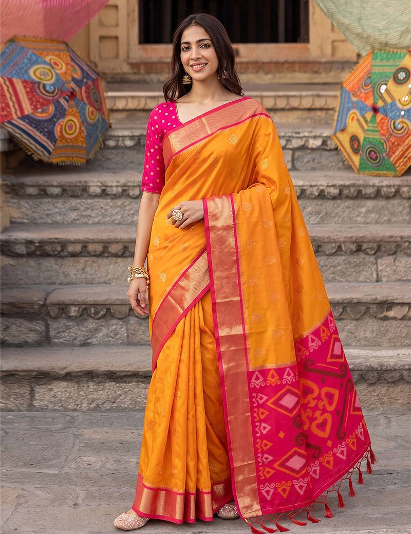 orange color soft silk blend woven jari jacquard designer ethnic partywear saree