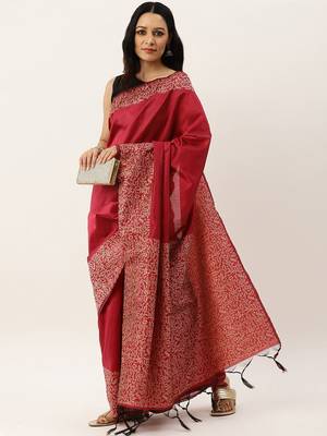 Pink & Beige Woven Design Bhagalpuri Saree 4