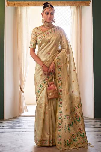 beige color silk blend woven jacquard designer ethnic traditional saree
