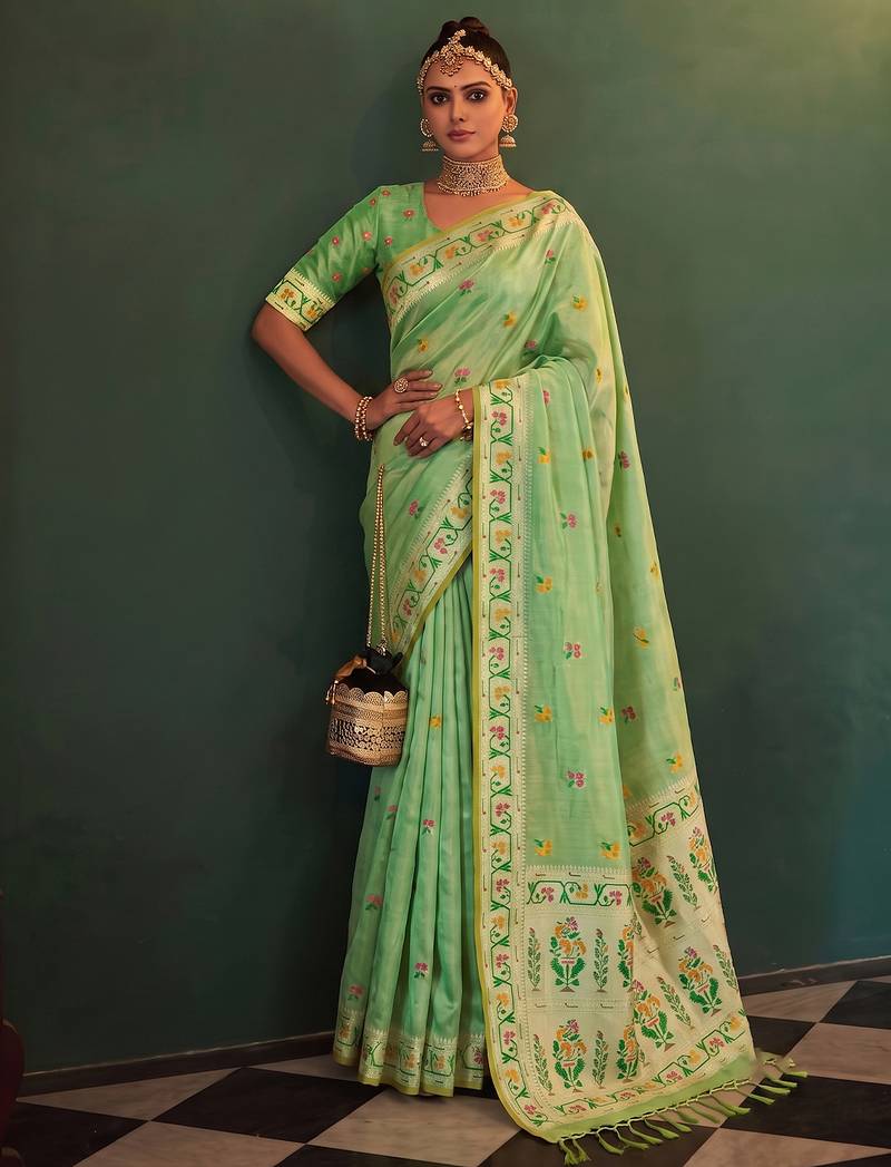 green color silk blend woven jacquard designer ethnic traditional saree