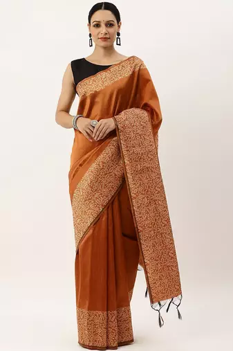 Orange & Off White Woven Design Bhagalpuri Saree