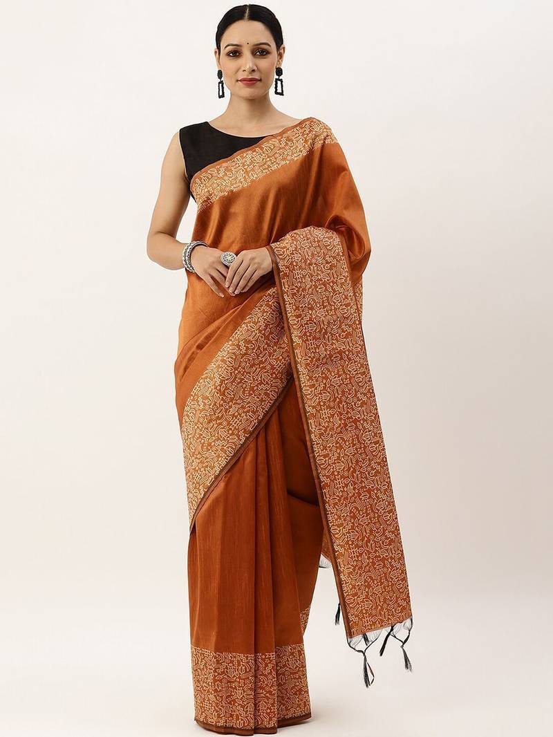 Orange & Off White Woven Design Bhagalpuri Saree