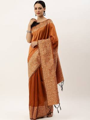 Orange & Off White Woven Design Bhagalpuri Saree 2
