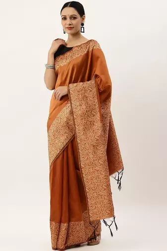 Orange & Off White Woven Design Bhagalpuri Saree