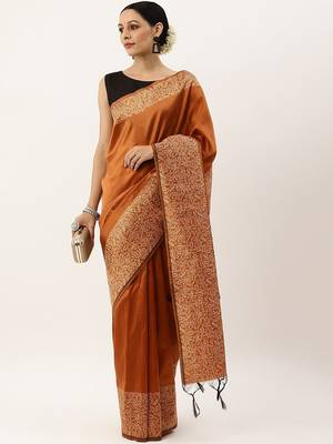 Orange & Off White Woven Design Bhagalpuri Saree 4