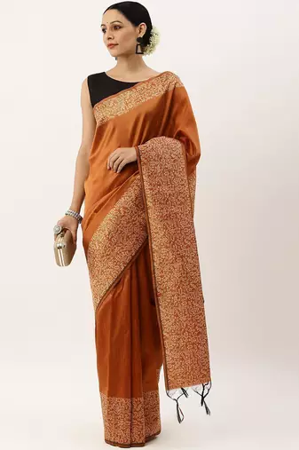 Orange & Off White Woven Design Bhagalpuri Saree