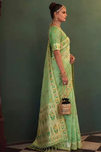 green color silk blend woven jacquard designer ethnic traditional saree