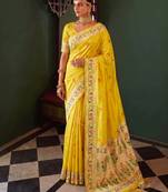 yellow color silk blend woven jacquard designer ethnic traditional saree